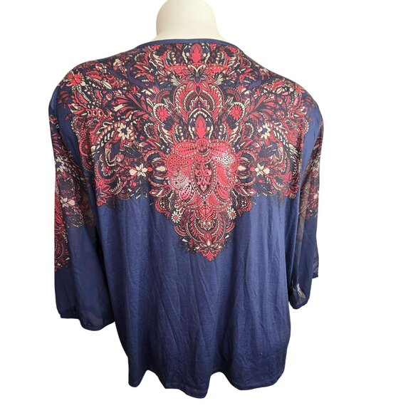 Catherines 3X 26/28W Womens Top Boho Style Keyhole Neckline Navy Red JJ4044 - Picture 11 of 12